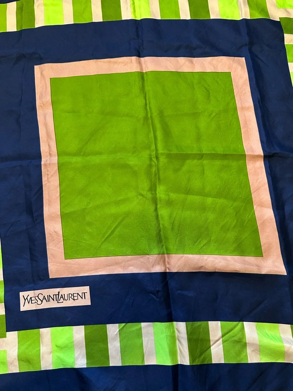 Yves Saint Laurent Lime, Navy & Pink Geometric Silk Scarf